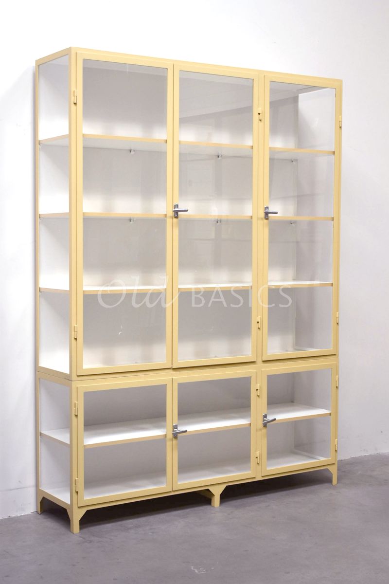 Apothekerskast Vitrine, 3 deuren, RAL1001, geel, crème, materiaal staal